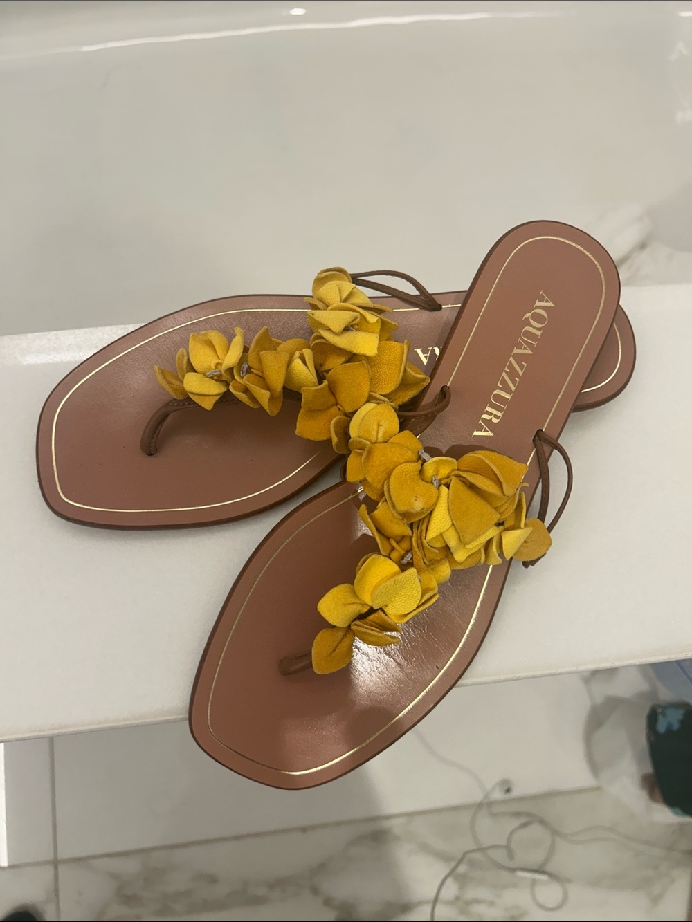 Aquazzura Yellow Floral Leather Thong Sandals with Brown Footbed